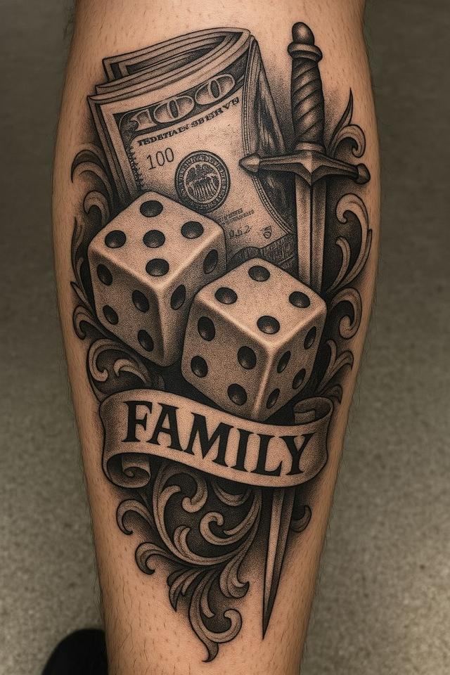 Black and grey dice, money and dagger tattoo with Family banner