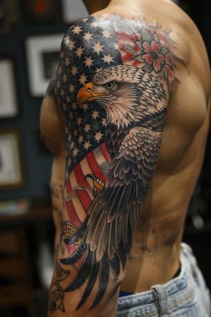 Color eagle and American flag half sleeve