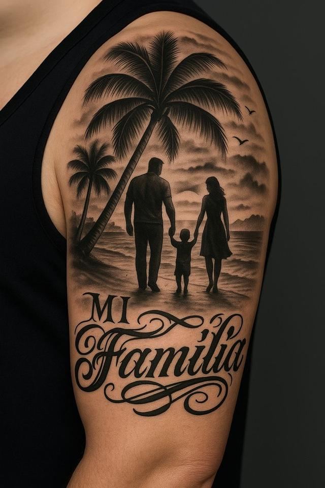 Black and grey Mi Familia beach scene on an upper arm