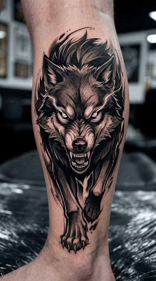 Black and grey wolf tattoo on a calf